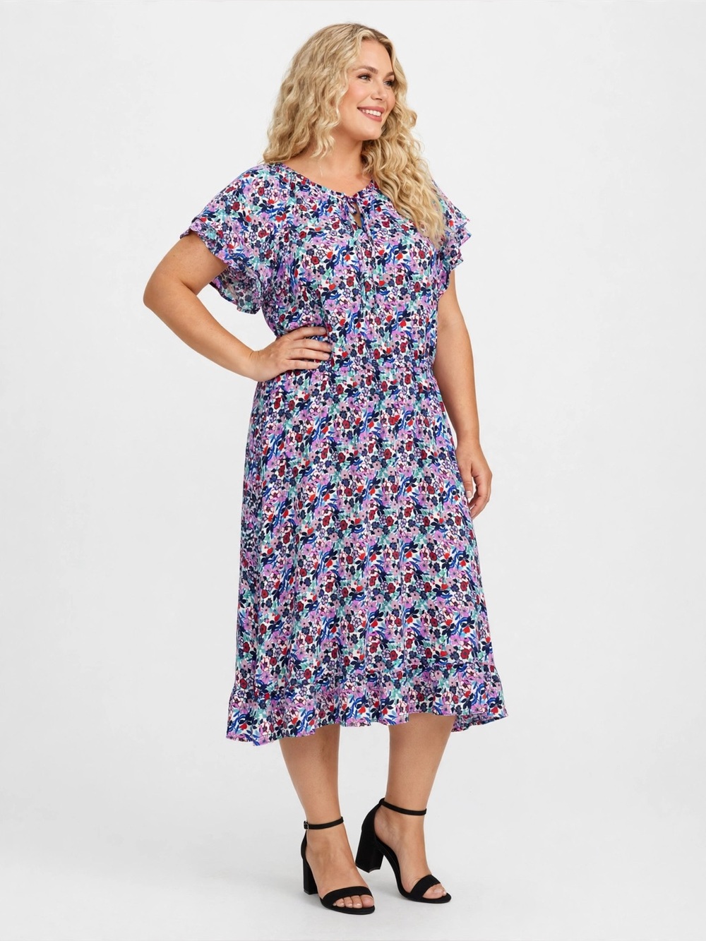 Talbots Purple Floral Midi Dress with Pink & Blue Accents